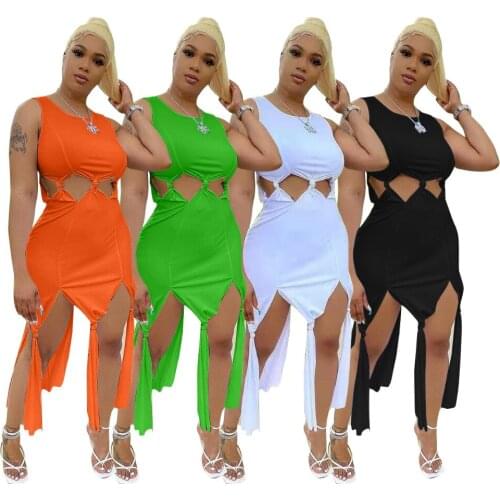 2021 Solid Sleeveless Hollow Out Sexy Tassel Fringe Midi Dress Summer Design Party Club Vintage Vestidos Sundress Streetwear