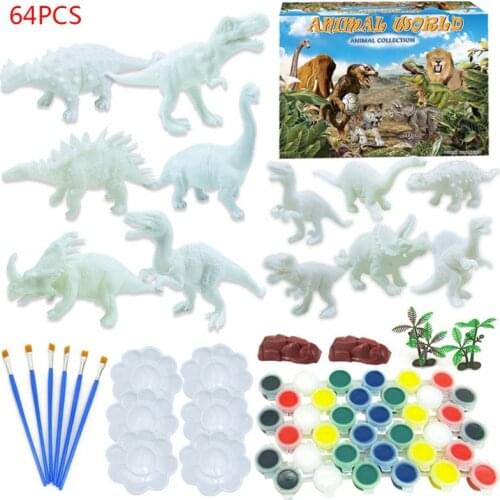 64Pcs/Set DIY Graffiti Dinosaur White Dinosaur Model 3D Painted Hand Coloring Tyrannosaurus Kids Educational Toy