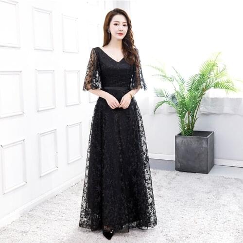 Plus Size Lace Evening Dresses Long A-Line V-Neck Tulle Elegant Formal Evening Gowns Flutter Sleeve Vestido Noche Elegante 2020