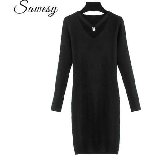 Black Elegant V Neck Pencil Knitted Dresses Women 2019 Autumn Winter New Arrival Long Sleeve Dress Ladies Pearl Bodycon Dress