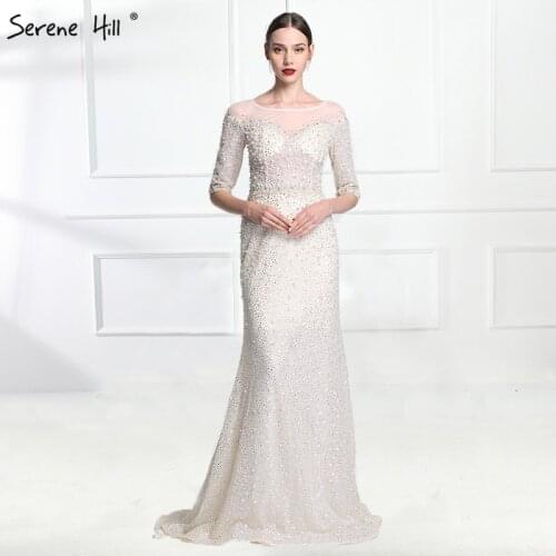 Ivory Half Sleeve Fashion Mermaid Evening Gowns Luxury Crystal Pearls Tulle Elegant Evening Dress 2020 Real Photo LA6140