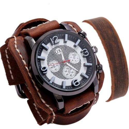 Men Watch Luxury Watch Quartz Wristwatches Big Dial Watch Retro Vintage Punk Style Watch Men Leather Strap Bracelet Men Gift Set