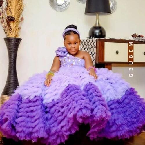 Purple Ruffles Tier Skirt Flower Girls' Dresses One Shoulder Crystal Bow Tie Little Girls Pageant Dress 2021