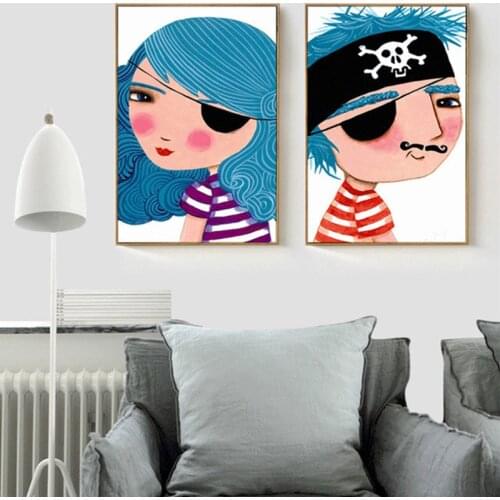 HAOCHU Cartoon Pirate Boy/Girl Yearn for Ocean Blue Canvas Painting Art Poster Wall Pictures for Children Room Decor
