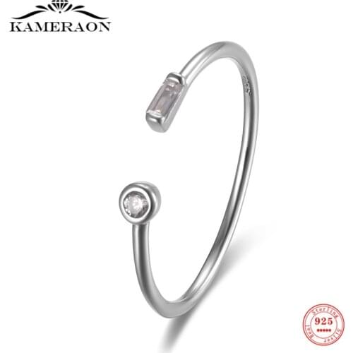 925 Sterling Silver Oxidized Opening Rings Rectangle Round Zircon Fine Jewelry Gift Thin Fashion Rings for Women