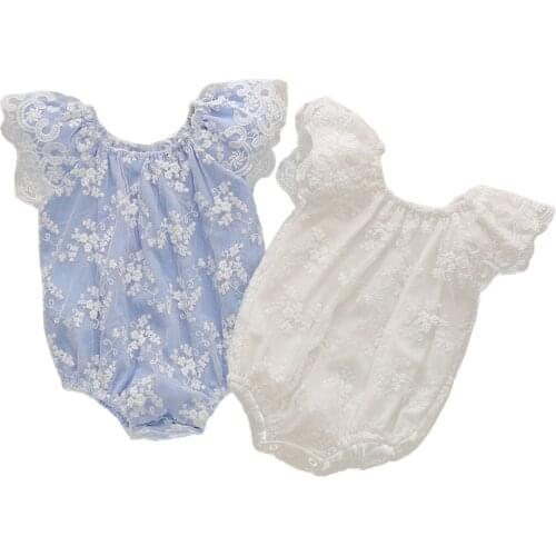 0-12M Newborn Toddler Baby Girls Bodysuits Lace Flowers Decoration Riffles Flying Sleeve Round Collar Solid Color Jumpsuits