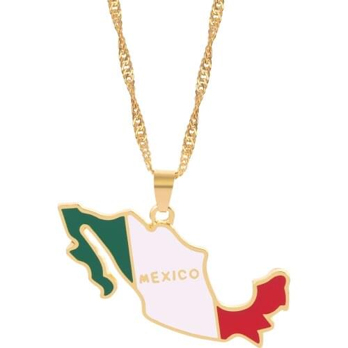 Mexico Map Flag Enamel Pendant Necklaces Gold Color Wave Chain Women Choker Necklace Jewelry Mexican Patriotic Gifts