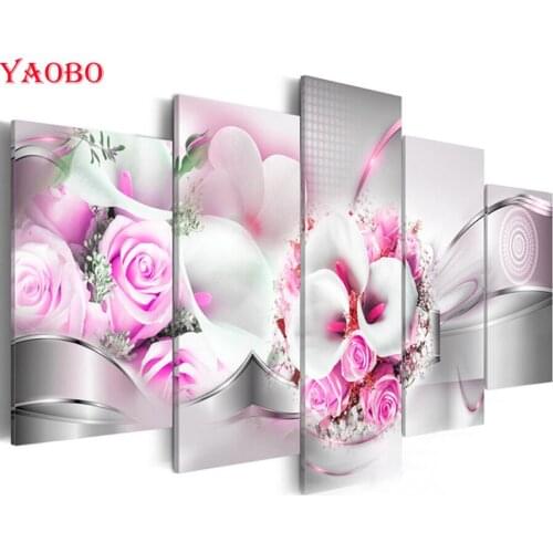 Full Square Round Drill 5D DIY Diamond Painting abstract pink roses Cross Stitch kits 5pieces Embroidery Diamond Mosaic sale