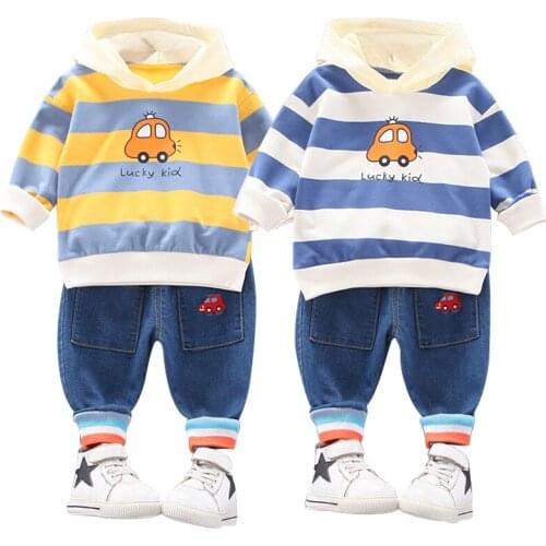 Baby boy clothes spring and autumn cotton suit striped cartoon cute hooded sweater boy clothes casual jeans baby two-piece suit