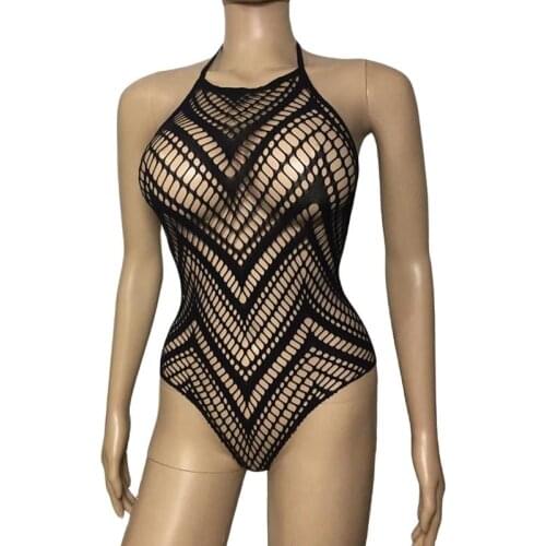 Sexy Women Black See-through Teddies Hollow Out Stripe Skinny Seamless Mesh Fishnet Leotard Halter Backless Bodysuit Teddy