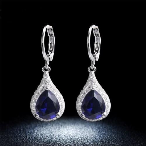 Waterdrop Shaped Drop Earrings for Women Luxury White Gold Color Blue Clear Crystal AAA+CZ Fashion Jewelry for Party E824