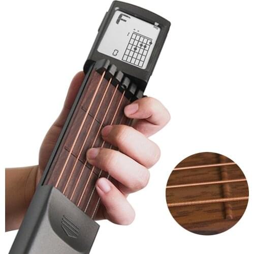 Guitar 6 Strings Trainer Portable Pocket with Chord Chart Screen Finger Exerciser Rotatable Beginner Guitar Practice Tool