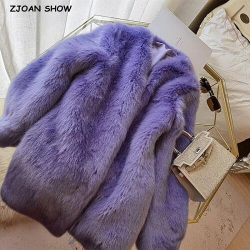 Keep warm Women Winter purple Hairy Shaggy Faux Fox Fur Jacket Elegant Long sleeve Furry Faux Fur Coat Loose Outerwear
