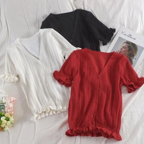Women Summer V-Neck Flare Sleeve Hollow Out Knitted Ruffles Basic Shirt Elegant Short Elastic Slim Cardigan Button Blouse Tops