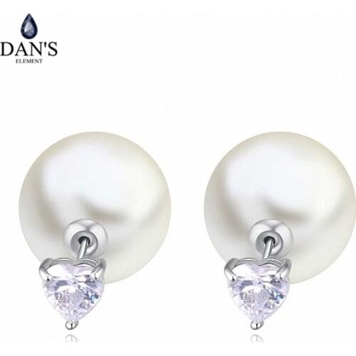 DANS ELEMENT Big Brand AAA Zirconia White Gold Color Simulated Pearl Fashion Ball Stud Earrings For Women Heart 113771White