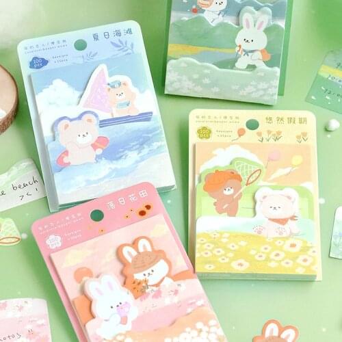 100 Sheets Bear and Rabbit Outing Series Memo Pad Girl Diary DIY Decorative Sticky Notes School Notebook Stationery Note Paper