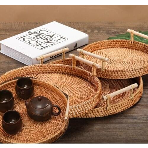 25CM Handwoven Rattan Storage Tray Wooden Handle Round Wicker Basket Bread Food Plate Fruit Cake Platter Dinner Serving Tray