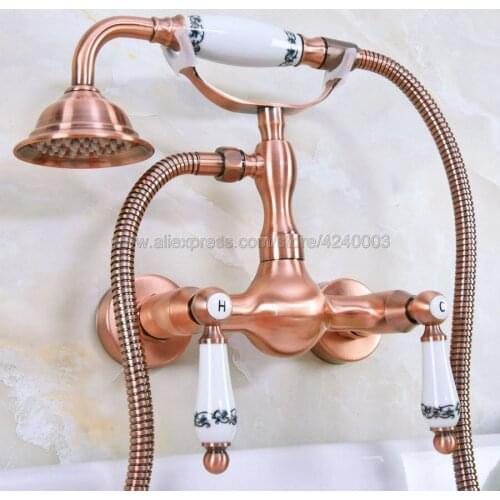 Antique Red Copper Wall Mount Telephone Bath Shower Faucet Mixer Tap w/ Handheld Spray Shower Kna307