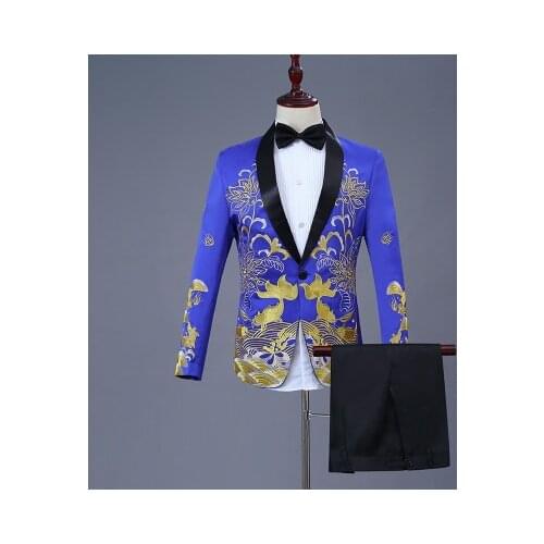 Free shipping mens white/blue golden sequined beading collar tuxedo jacket/stage performance, jaceket with pants