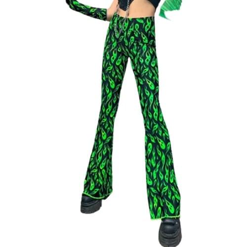 Green fire print flare pants high waist bell bottom summer sexy women streetwear clothing female punk trousers