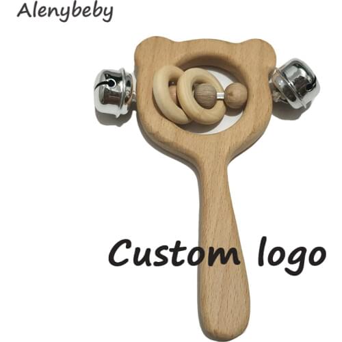 Custom logo Natural Wooden Rattle Shape Teether DIY Kids Teething chew Necklace molar Tooth baby Teether Nursing bell toys