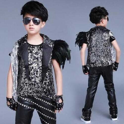 Jazz Costume Boy Silver Tassel Sequined Vest Jacket Hip Hop Dance Outfit Street Dancing Clothes Stage Performance Wear DNV11850