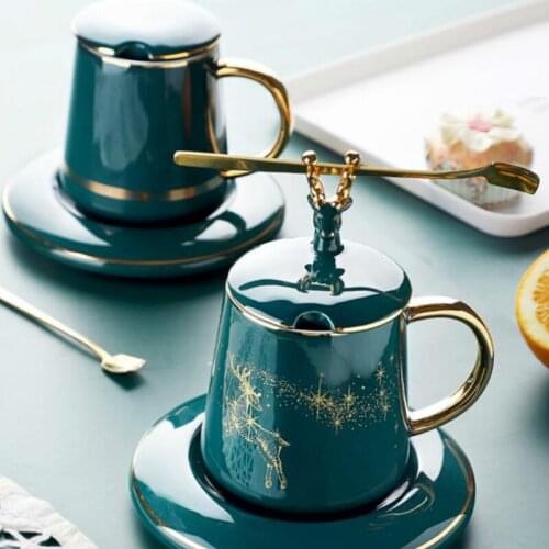 Ceramic Coffee Cup With Lid And Spoon Set Cup With Milk Afternoon Tea Christmas Creative Gift Nordic Style Elk Phnom Penh Mug