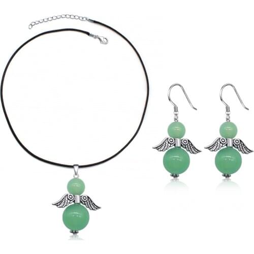 Angel Wings Round Stone Pendant Necklace Earrings Set 19 Colors Leather Cord Chain Stone Necklace Set GS027