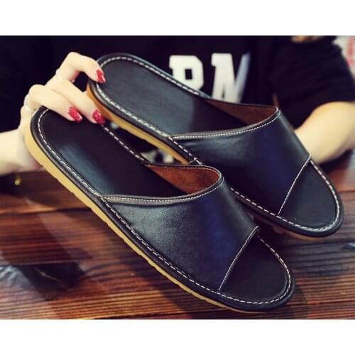 Leather Slippers Men and Women Couple Home Non-slip Waterproof Breathable Scalp Slippers Summer Home Casual Shoes