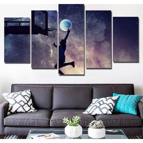 Wall Art Poster HD Print 5 Pieces Basketball Net Player Starry Sky Night Scene Picture Boy Bedroom Decor Modular Canvas Painting