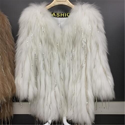 2020 New Winter Womens Fur Coats Raccoon Fur Jackets Tassel Woven Clothes Lined Warm Female Outerwear Knitted Trendy Cardigans