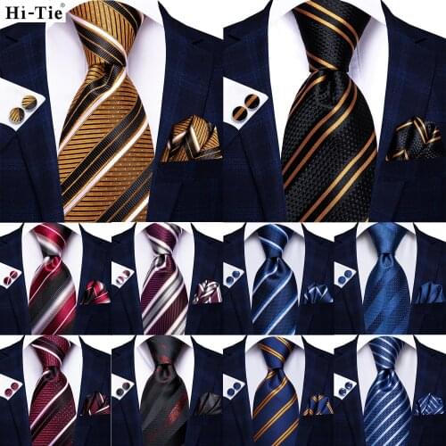 Hi-Tie Gold Black Striped Silk Wedding Tie For Men Fashion Design Gift Men Necktie Hanky Cufflink Set Business PartyDropshipping