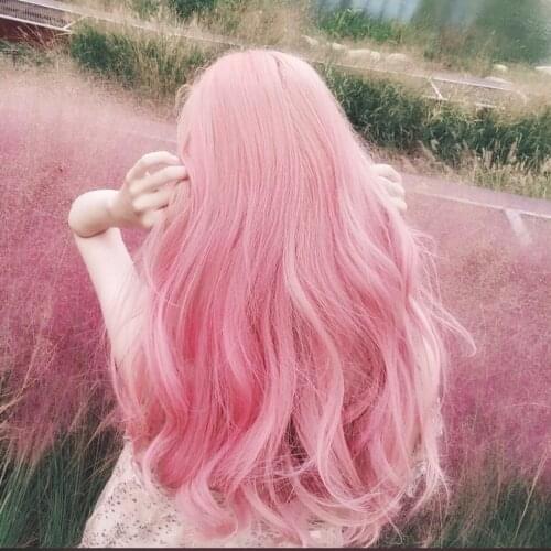 Sakura Pink Lolita Wig Harajuku Fairy Princess Cosplay Bangs Curly Long Synthetic Hair Body Wave Adult Girls Daily Wear