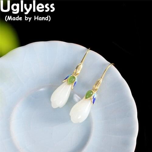 Uglyless Magnolia Flowers Elegant Gemstones Earrings for Women Nature Hotan Jade Jewelry 925 Silver Floral Brincos Dress Jewelry