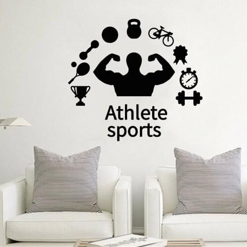 Gym Athlete Sports Vinyl Wall Decal For Gymnasium Muscled Dumbbell Bike Wall Stickers For Man Bedroom Modern Home Decor W667