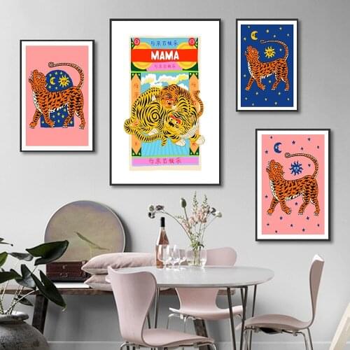 Tiger Mama Cartoon Animal Canvas Posters Pink Blue Yellow Wild Tiger Painting Dragon Wall Art Print Pictures For Kid Room Decor
