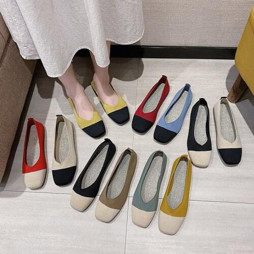 Woven shallow beancurd shoes womens spring new square head Korean version of soft bottom grandma shoes knitted fly woven shoes