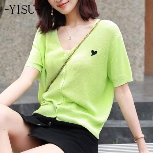 YISU Summer New Cardigan Women V-Neck Slim Love Cardigan Coat Solid color Short sleeve Sweater Thin simple Knitted Coats Female
