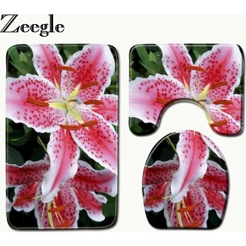 Zeegle 3pcs Flower Pattern Bath Mat Bathroom Anti-slip Bathroom Carpet Shower Mat Flannel Absorbent Toilet Seat Cover Bath Rugs