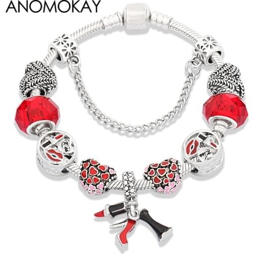 Dropshipping HOT Elegant Red Enamel Lipstick High Heel Charm Bracelet Heart DIY Crystal Bead Bracelet for Women Girl Gift