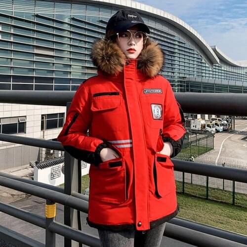 Woman Hooded with Fur Collar Cotton Padded Thick Coats Korean Style Womens Winter Long Jacket Loose Plus Size Striped Parkas