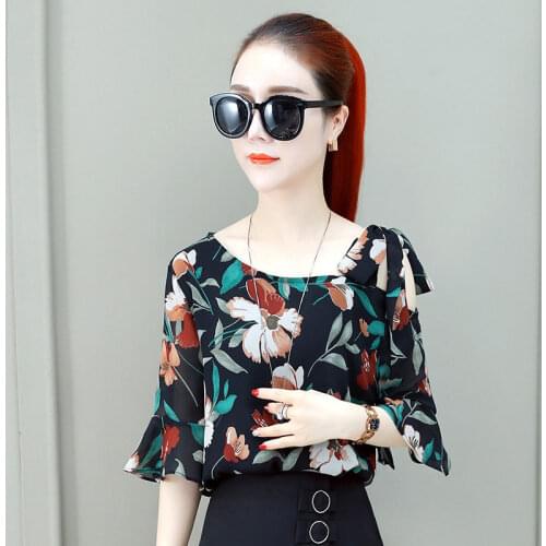 Womens Spring Summer Style Chiffon Blouses Shirt Womens Elegant Half Sleeve O-neck Bow Printed Loose Tops SP012