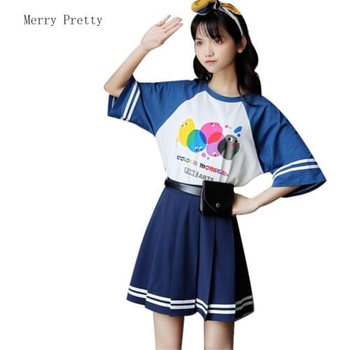 Summer Women Sets Cartoon Print Cotton T Shirts And Hight Waist Zipper Mini Pleated Skirts Mori Girl S-xl Oversize 2 Piece Set