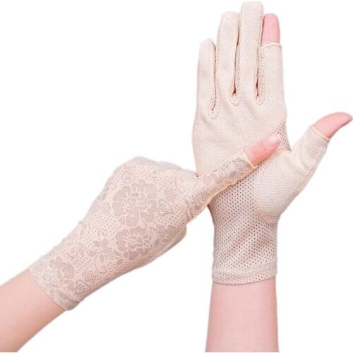Womans Summer Jacquard Sun Protection Ice Silk Breathable Half Finger Driving Gloves Non-slip Touch Screen Gloves for Women