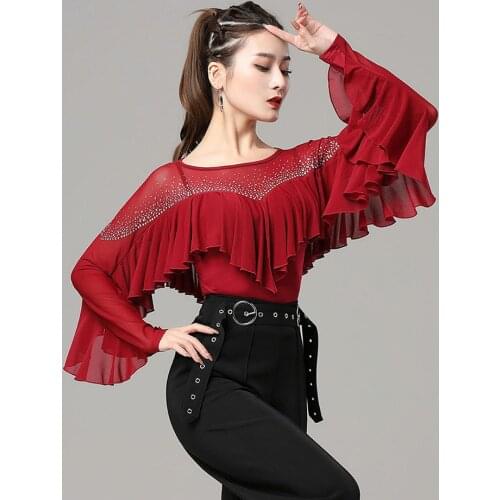2021 New 6005 Latin Dance Bodysuit Women Lotus and Patchwork Latin Dance Tops for Ballroom Belly Modern Dancing Performamnce