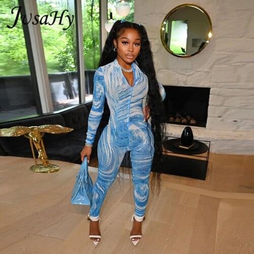JuSaHy Y2K Aesthetic Print Jumpsuit for Women Fashion Zipper Long Sleeves Skinny Slim Casual High Streetwear Female Rompers New