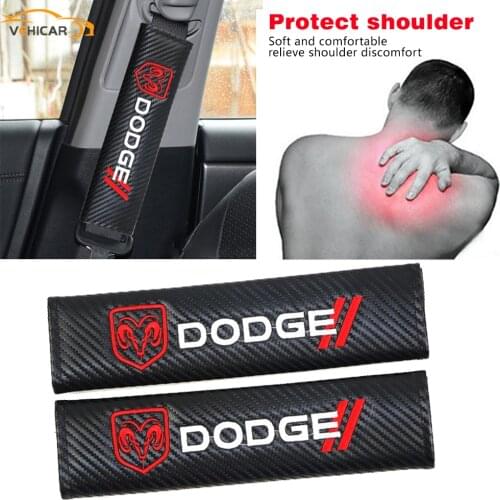 VEHICAR 2PCS Carbon Fiber Car Seat Belt Cover Driver Shoulder Protector Vehicle Accessories for DODGE Car Logo Knitting SAFE