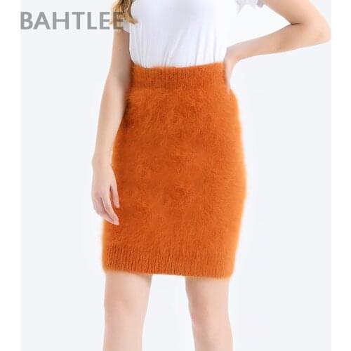 BAHTLEE Women Angora Straight Skirt Knee-Lengh Empire Solid Autumn Winter Wool Knitted Jumper Suit Basic Style