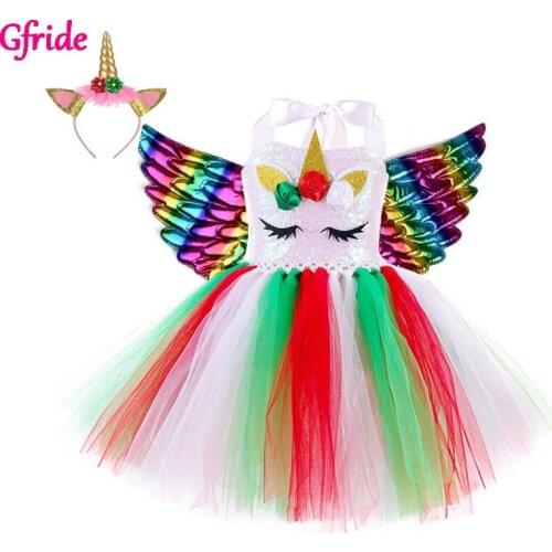 Chirldren Unicorn Costumes For Girls Tutu Dress With Headband Color wings Dress Up Birthday Dress Sequin Christmas Clothing