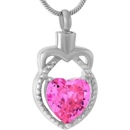 IJD9287 Cat Face Hold Pink/Purple Heart Crystal Cremation Necklace Women Stainless Steel Funeral Memorial Urn Pendant For Ashes